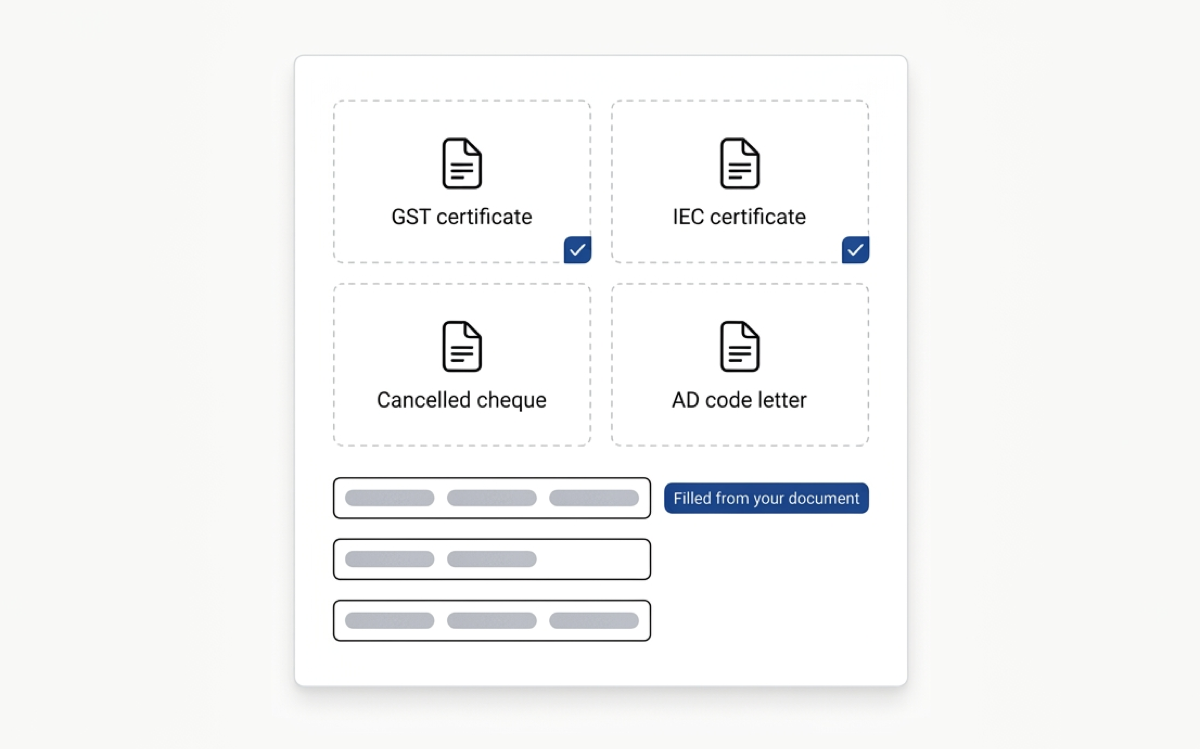 Profile form with the GST certificate and cheque upload areas and the fields filled from them