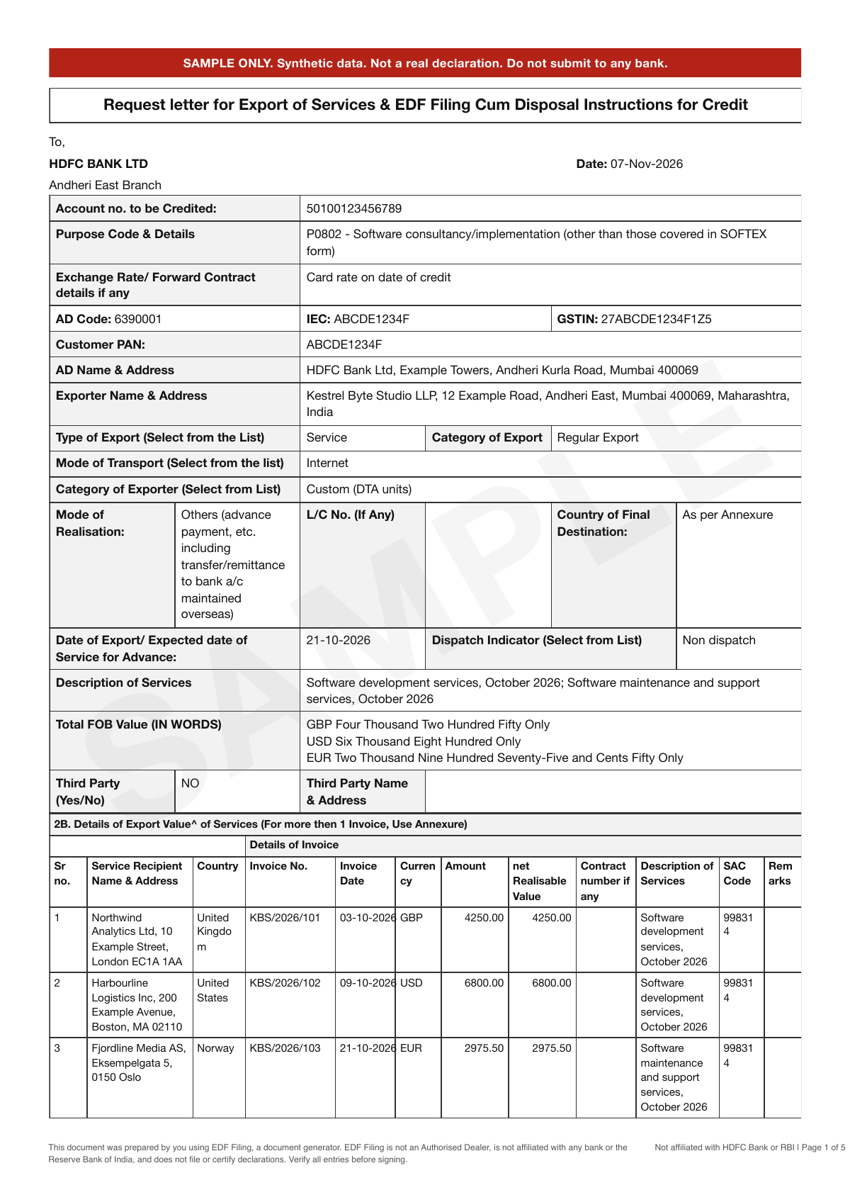 Sample pack page 1: Request letter cum EDF, page 1