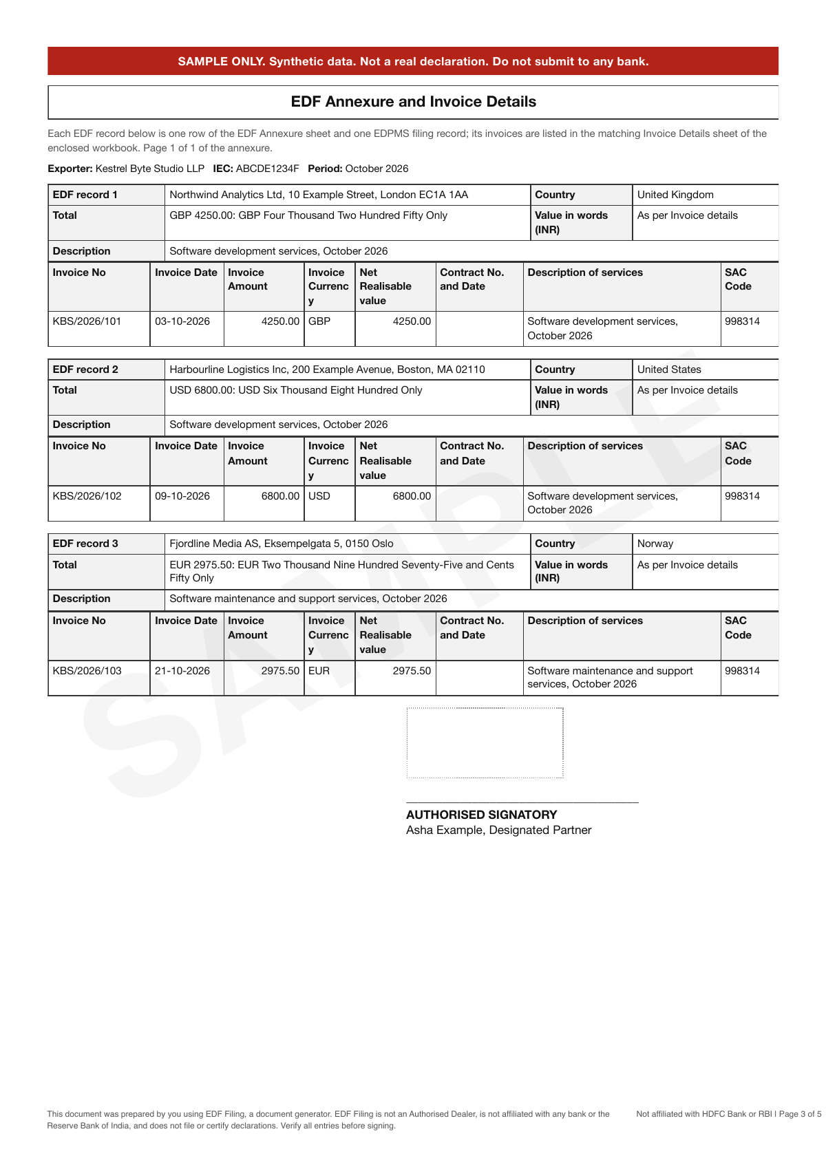 Sample pack page 3: Annexure of invoices