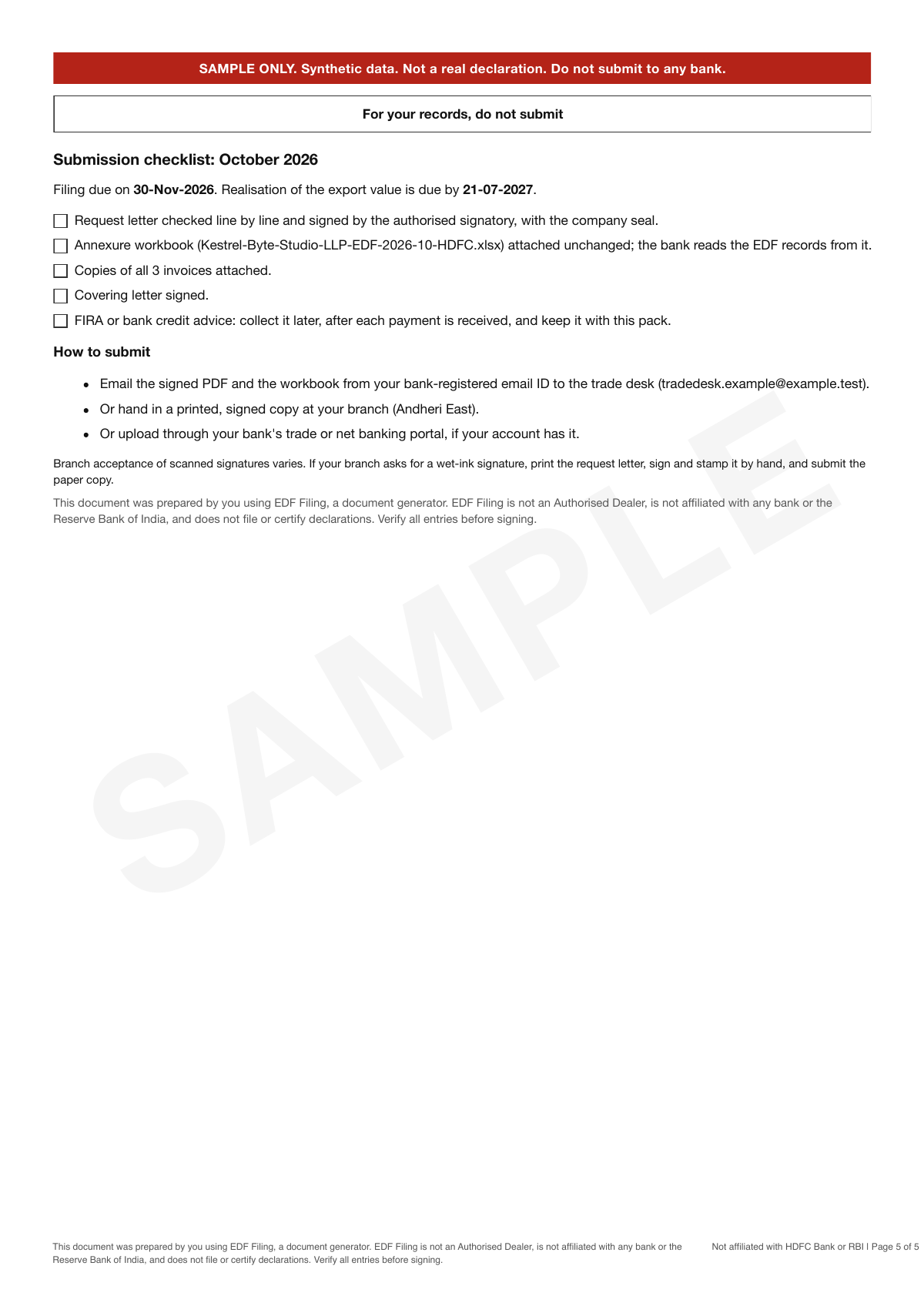Sample pack page 5: Submission checklist (your copy)